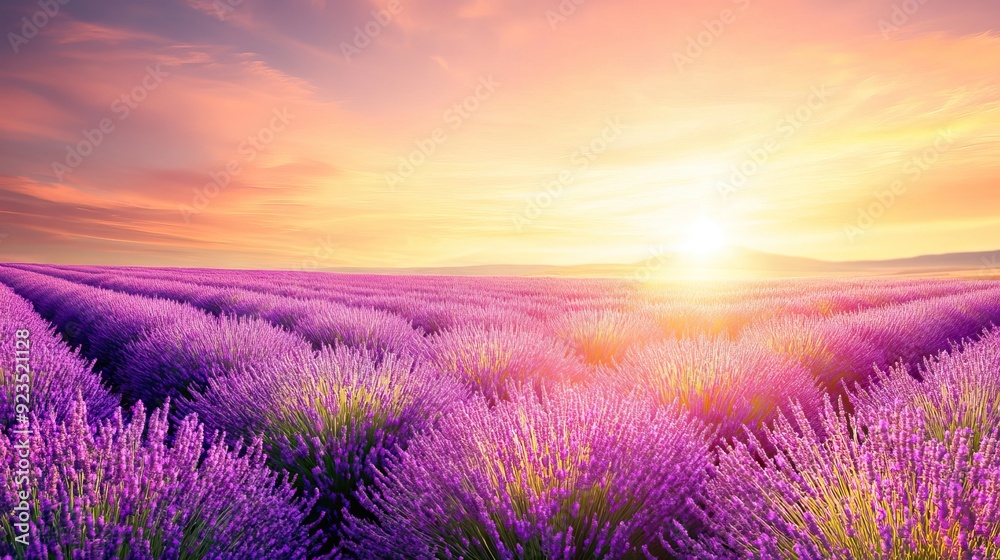 Vast Lavender Field Bathed in Golden Sunset Light with Swaying Purple Flowers. AI generated illustration Vast Lavender Field Bathed in Golden Sunset Light with Swaying Purple Flowers. AI generated illustration