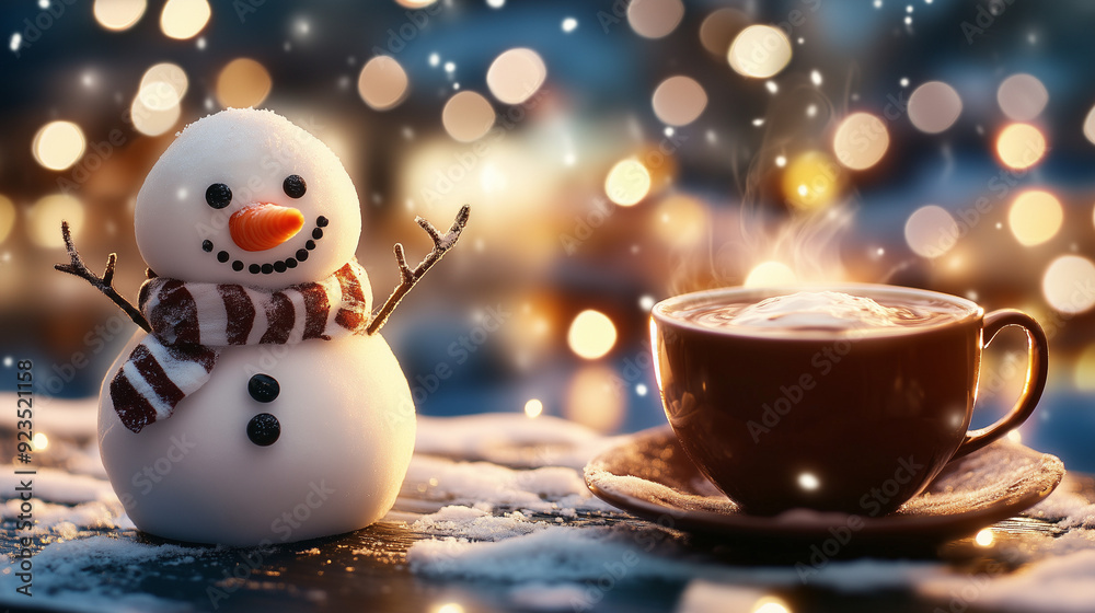 Obraz premium cute funny smiled snowman next to a cup of coffee / cappuccino / hot chocolate with whipped cream; hot drink in magical winter scenery; bokeh effect; copy space