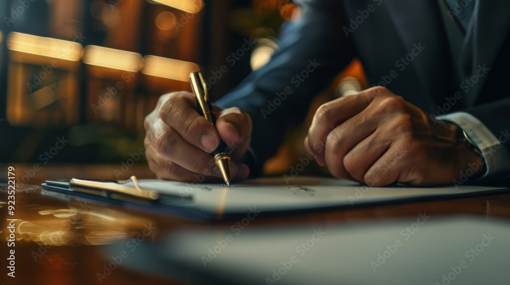 Close-up photo of businessman in suit signing a document with a pen, writing his signature on it.