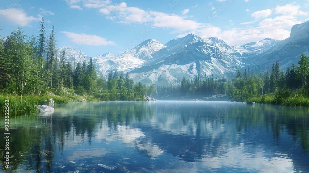 Tranquil Alpine Paradise: Clear Lake Reflecting Snow-Capped Peaks Tranquil Alpine Paradise: Clear Lake Reflecting Snow-Capped Peaks