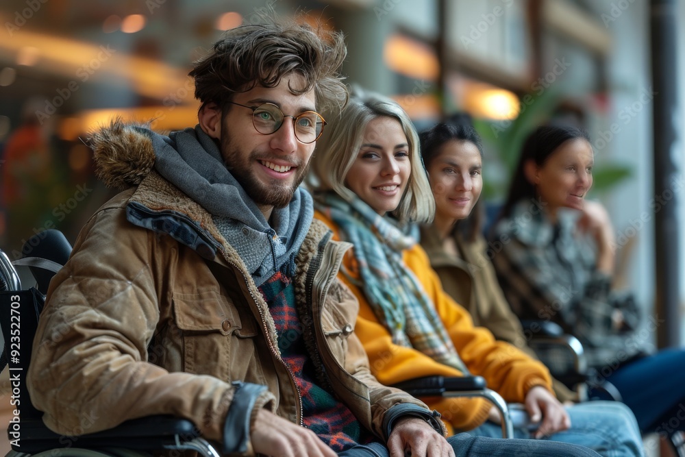 Fototapeta premium Young Adults Smiling Together in Wheelchairs Inside a Modern Indoor Space During Daylight Hours