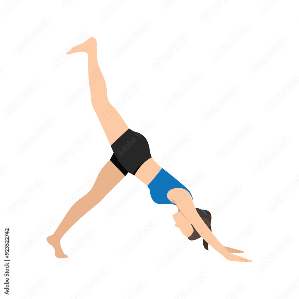 Woman doing Downward Facing Dog Split Pose, Down Dog Split, Eka Pada Adho Mukha Svanasana. Flat vector illustration isolated on white background Woman doing Downward Facing Dog Split Pose, Down Dog Split, Eka Pada Adho Mukha Svanasana. Flat vector illustration isolated on white background