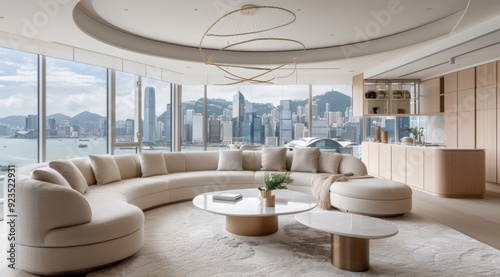 A large living room with a beige curved sofa, white coffee table, and round metal chandelie photo