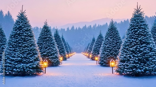 A serene winter landscape featuring snowy trees illuminated by glowing lanterns under a pastel sky.
