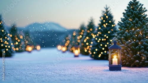 A serene winter scene featuring snowy trees illuminated by warm lantern light, capturing the essence of a festive holiday ambiance.