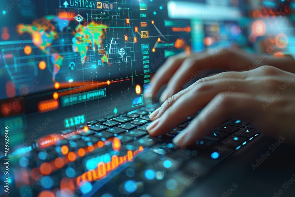 Obraz premium High-Tech Office Environment Showcasing Digital Analysis and Data Typing at Night