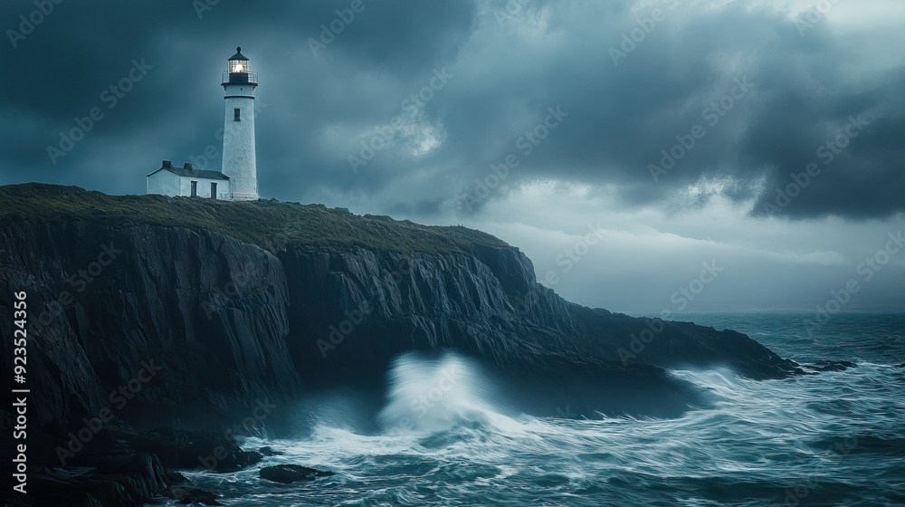 Lonely Lighthouse on Rocky Cliff with Stormy Waves and Dark Clouds, Beacon Cutting Through Mist. AI generated illustration Lonely Lighthouse on Rocky Cliff with Stormy Waves and Dark Clouds, Beacon Cutting Through Mist. AI generated illustration