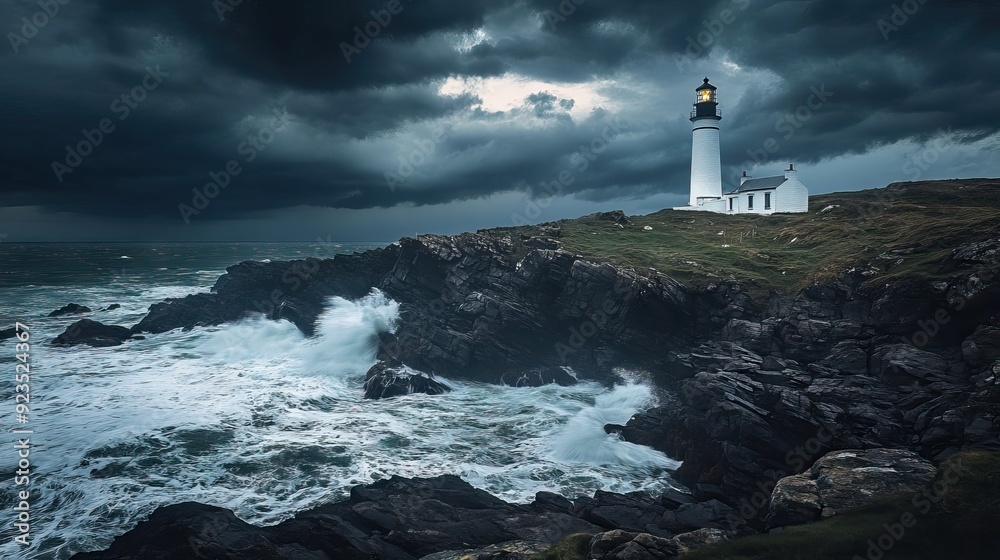 Lonely Lighthouse on Rocky Cliff with Stormy Waves and Dark Clouds, Beacon Cutting Through Mist. AI generated illustration Lonely Lighthouse on Rocky Cliff with Stormy Waves and Dark Clouds, Beacon Cutting Through Mist. AI generated illustration