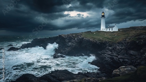 Wallpaper Mural Lonely Lighthouse on Rocky Cliff with Stormy Waves and Dark Clouds, Beacon Cutting Through Mist. AI generated illustration Torontodigital.ca