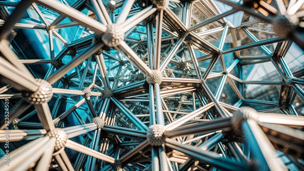 Fototapeta premium An abstract architectural structure composed of interconnected metallic elements, representing modern engineering and design concepts with a focus on innovation and structural complexity.