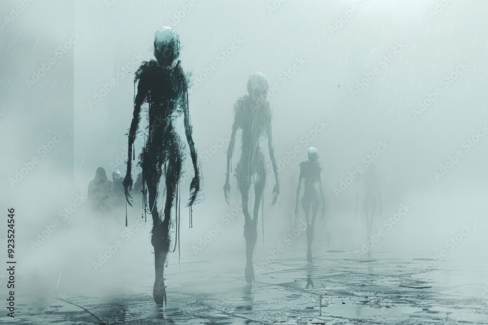 Fototapeta premium Eerie Figures Emerging From Thick Fog in Dark Urban Landscape at Dusk