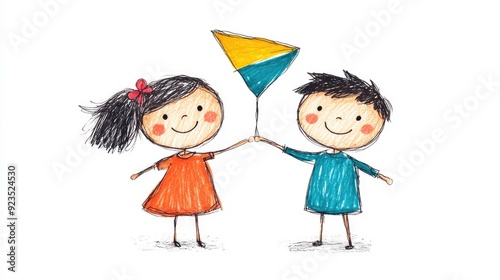 Cheerful Brother and Sister Playing with Colorful Kite Siblings Bonding and Having Fun Outdoors on White Background photo