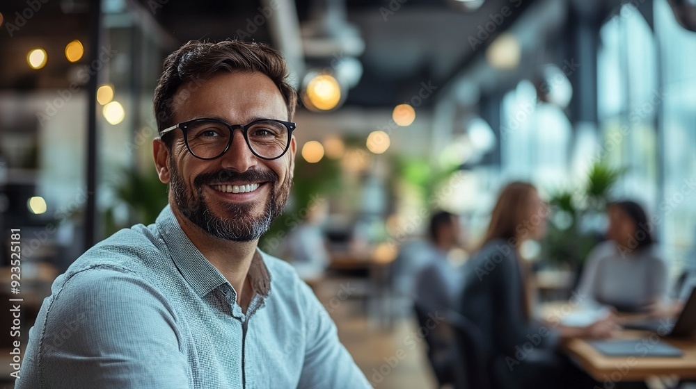 Portrait of a business man sitting in an office with his colleagues in the background. Happy business man working in a co-working office. Generative ai Portrait of a business man sitting in an office with his colleagues in the background. Happy business man working in a co-working office. Generative ai