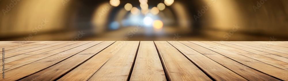 Wooden Plank Surface with Blurred Tunnel Background Wooden Plank Surface with Blurred Tunnel Background