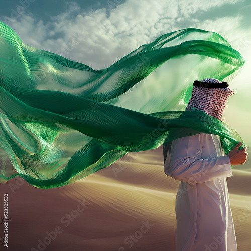 Saudi Man holding long Saudi transparent Flag Veil, insane details , Astonishing Awe nspiring Scene, photorealistic, 8K photo