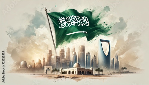 Saudi national day poster illustration in watercolor style with iconic buildings photo