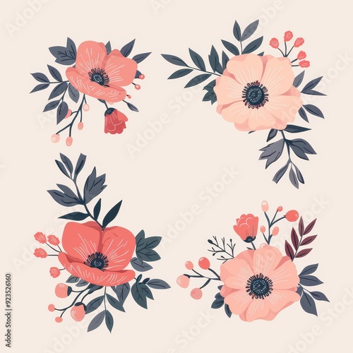 Floral bouquet card template with colorful flowers and green leaves in a decorative frame