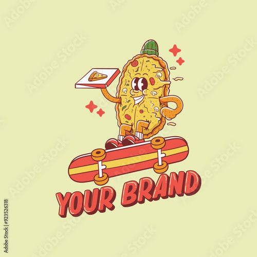 illustration of pizza cartoon character jumping from skateboard