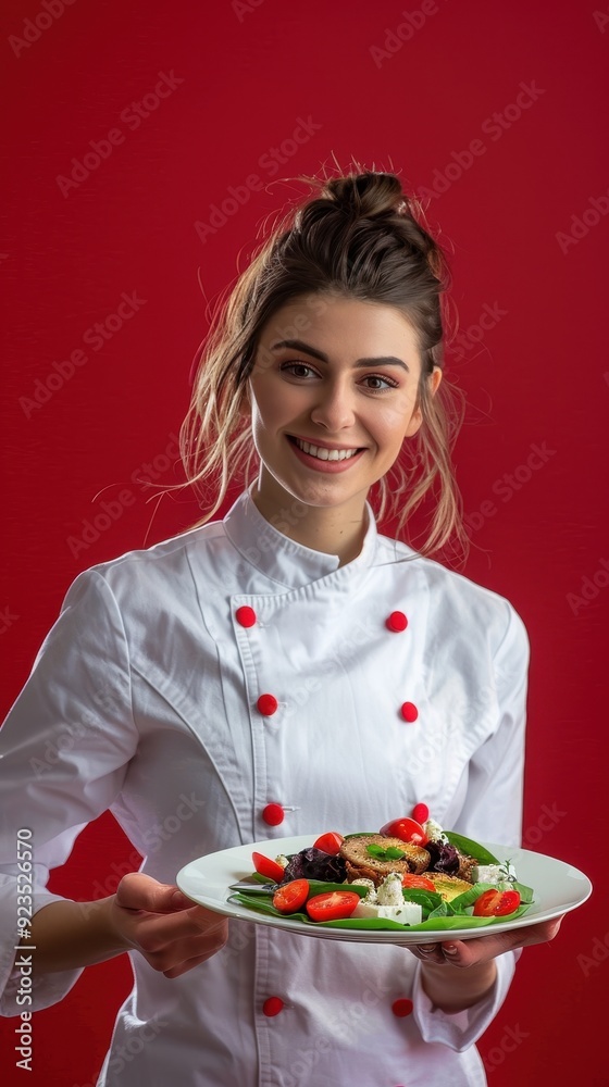 A chef smiling while showcasing a beautifully arranged salad on a plate against a bright red backdrop A chef smiling while showcasing a beautifully arranged salad on a plate against a bright red backdrop