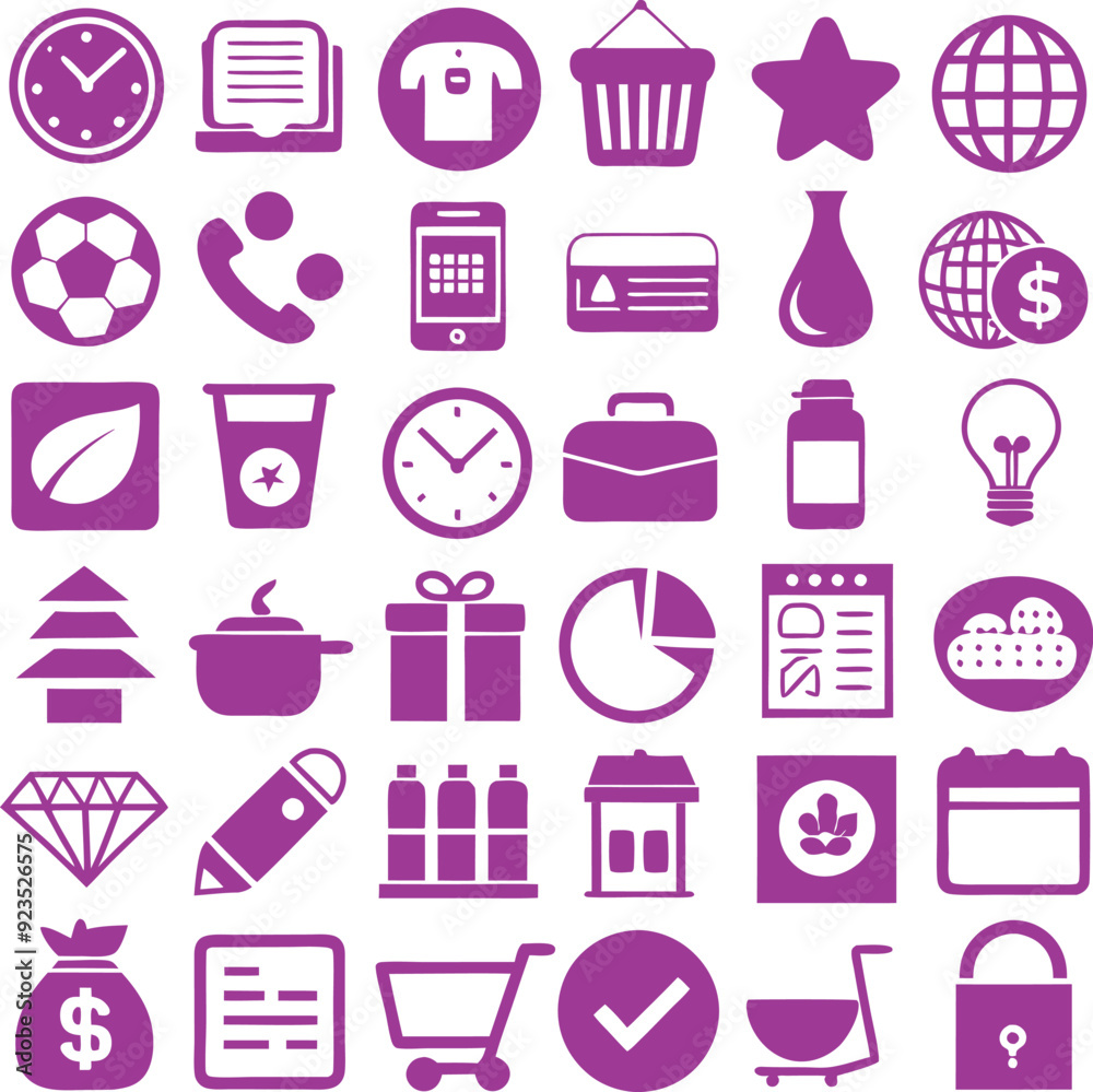 a collection of purple icons on a white background
