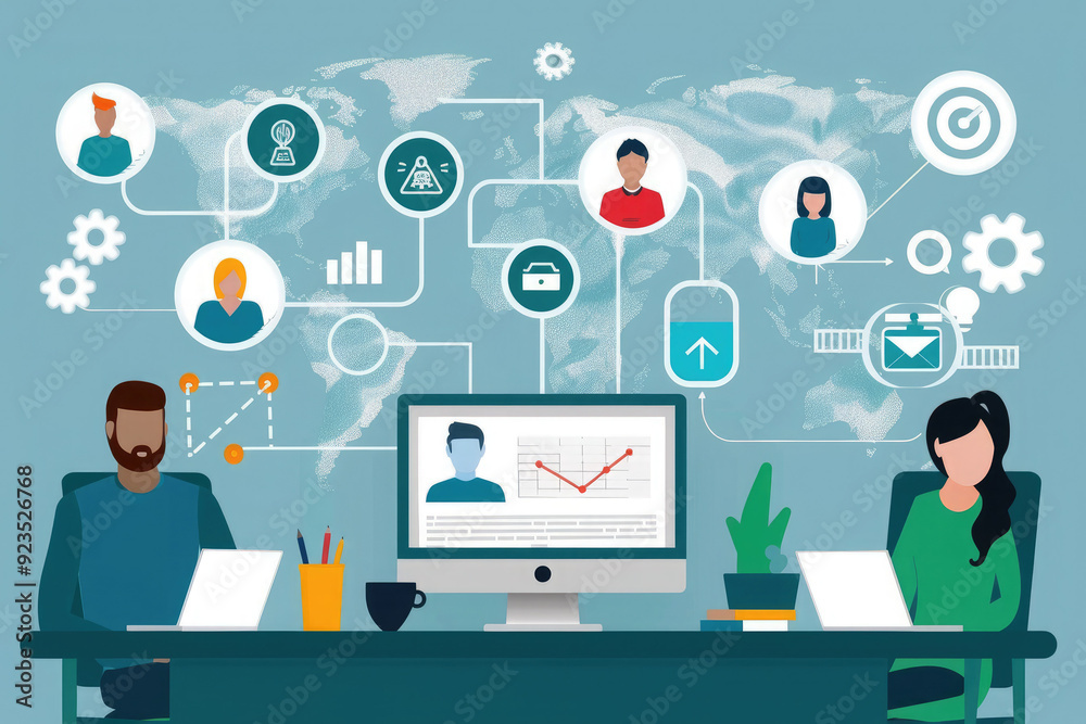 illustration icons plane flat Remote Team Collaboration: A collage of people working remotely but collaborating on a project. illustration icons plane flat Remote Team Collaboration: A collage of people working remotely but collaborating on a project.