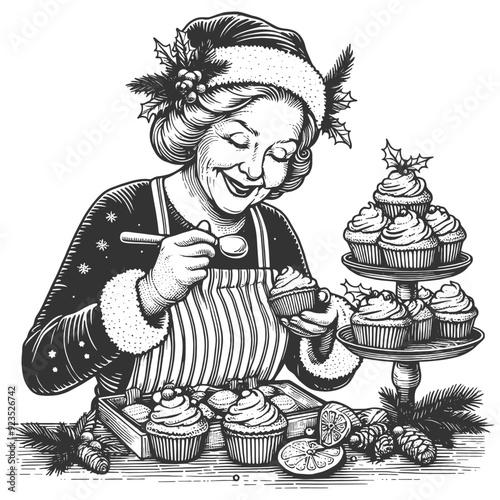Mrs Claus joyfully baking Christmas cupcakes, surrounded by festive treats and decorations, capturing holiday warmth sketch engraving generative ai vector illustration. Black and white image.