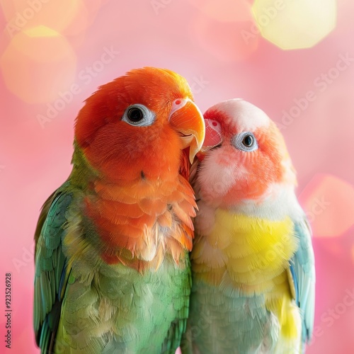 Two colorful lovebirds in close-up against a pink background with a blurred bokeh effect