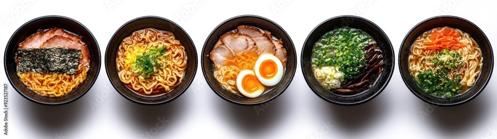 Five Bowls of Ramen with Various Toppings Five Bowls of Ramen with Various Toppings