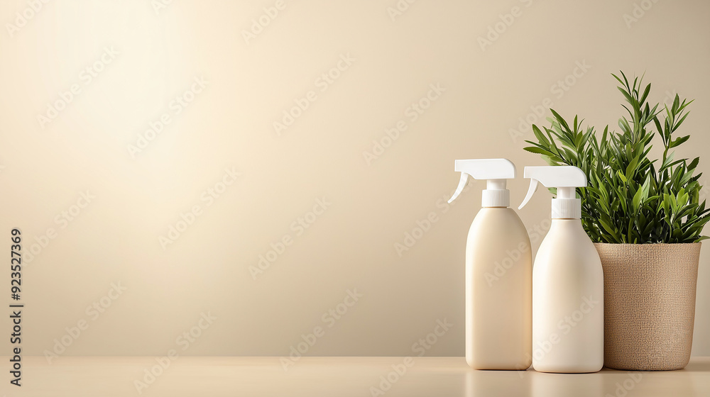 Eco-friendly cleaning supplies are arranged neatly on a pleasant, empty background, showcasing their natural and sustainable design with ample space to emphasize the simplicity and Eco-friendly cleaning supplies are arranged neatly on a pleasant, empty background, showcasing their natural and sustainable design with ample space to emphasize the simplicity and
