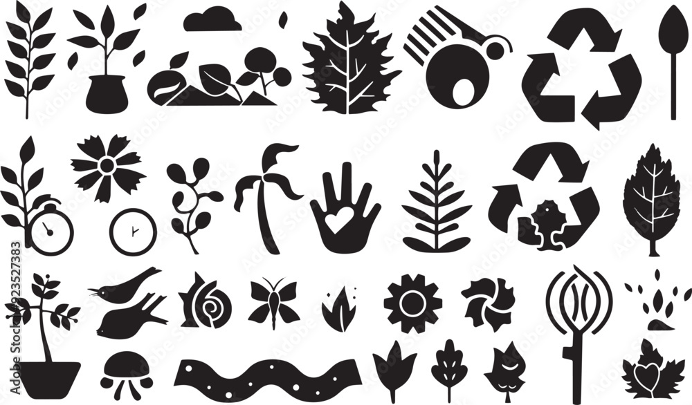 A minimalist vector icon set with a sustainable development, nature protection, eco-technology, and green living .icons in black and white style with isolated on white