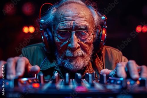 Elderly DJ Mixing Music at Nightclub During Vibrant Dance Party