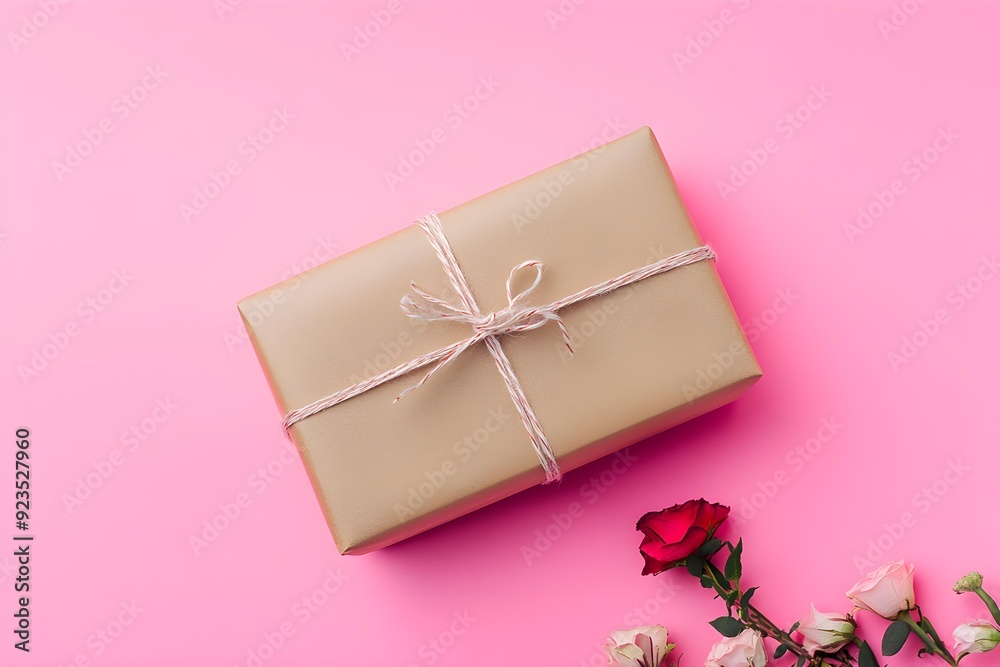 Craft paper wrapping gift box on pink background