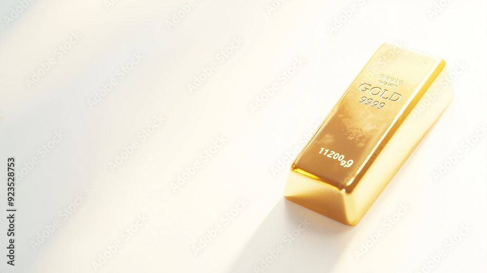 A single gold bar gleams brightly against a pristine white background, epitomizing wealth and stability with its rich, luxurious sheen, photo A single gold bar gleams brightly against a pristine white background, epitomizing wealth and stability with its rich, luxurious sheen, photo