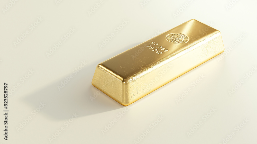 A single gold bar gleams brightly against a pristine white background, epitomizing wealth and stability with its rich, luxurious sheen, photo A single gold bar gleams brightly against a pristine white background, epitomizing wealth and stability with its rich, luxurious sheen, photo