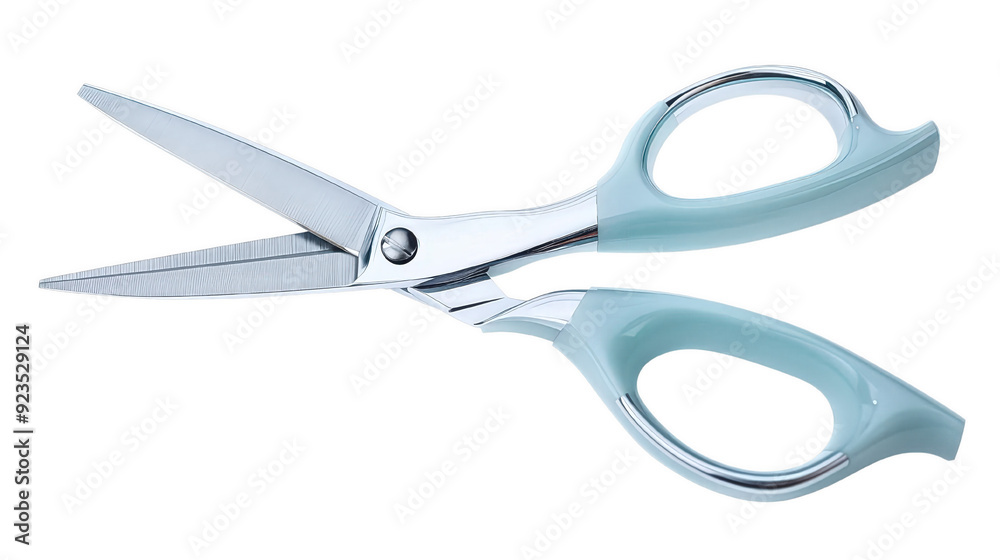 A pair of scissors with a silver handle and a green blade A pair of scissors with a silver handle and a green blade