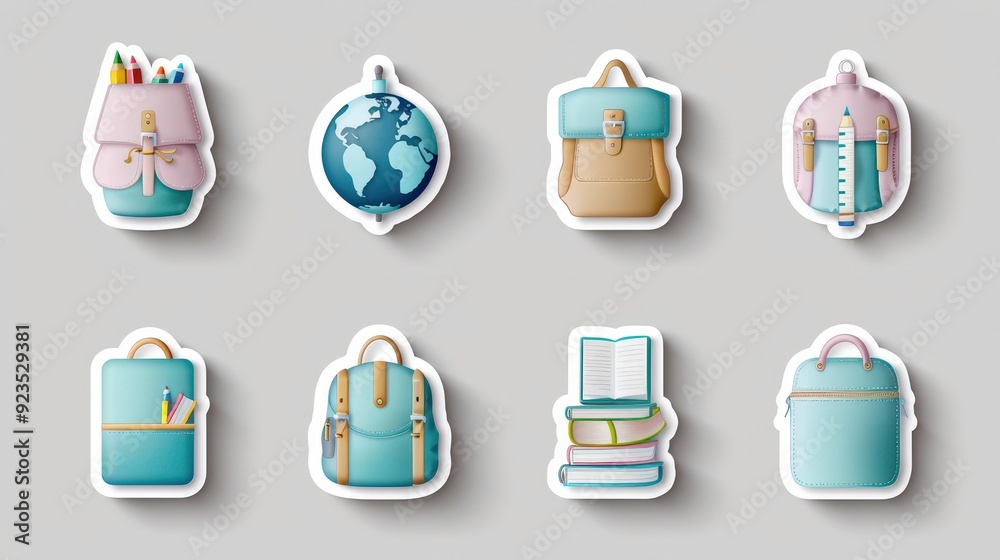 A set of stickers featuring school supplies and a backpack A set of stickers featuring school supplies and a backpack