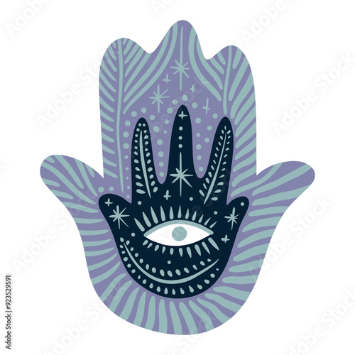 Magical boho patterned hand art mystical meditation witchcraft sacred symbol. Hamsa magical palm with Nazar eye shaped amulet inside. Illustration for yoga and reiki, holistic medicine spiritual