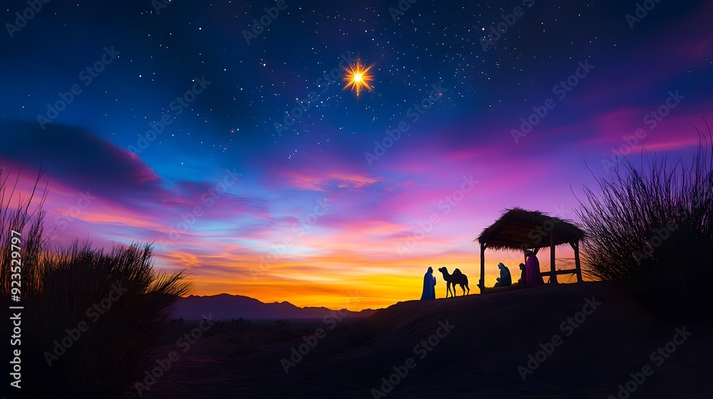 Naklejka premium The star shines above the manger, with three kings and camels standing in silhouette against it