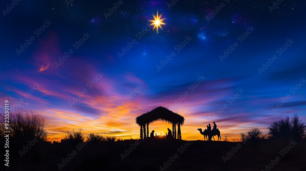 The star shines above the manger, with three kings and camels standing in silhouette against it The star shines above the manger, with three kings and camels standing in silhouette against it