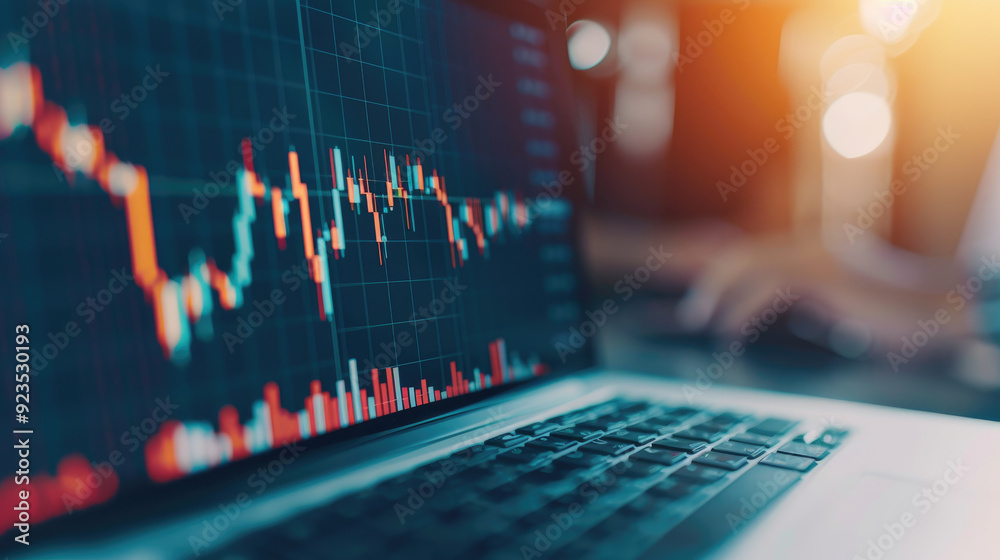 Stock market analysis, a close-up of a laptop displaying fluctuating price charts, vibrant candlestick patterns indicate trading activity and market trends. Stock market analysis, a close-up of a laptop displaying fluctuating price charts, vibrant candlestick patterns indicate trading activity and market trends.