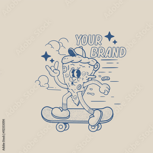 illustration of a cartoon character of a pizza slice skating on a skateboard in vintage style
