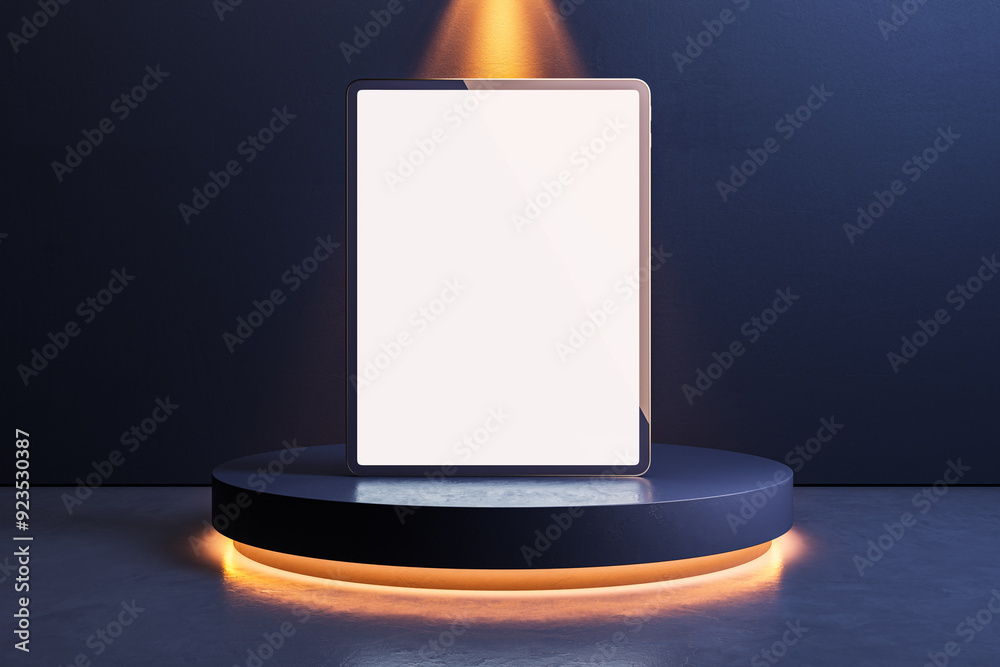 Empty white tablet screen placed on illuminated round podium on dark concrete wall background. Mock up, 3D Rendering. Empty white tablet screen placed on illuminated round podium on dark concrete wall background. Mock up, 3D Rendering.