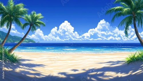 A tropical paradise beach background with beautiful palm trees, blue skies, and clouds. A zen-inspired backdrop for any summer travel website.