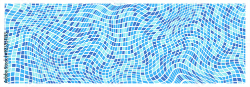 Distorted warped tiny blue checks, tiles, uneven squares abstract background. Banner, header shape. Chequered, checked trippy pattern. Curved liquid fluid mesh, grid geometric funky groovy template. 