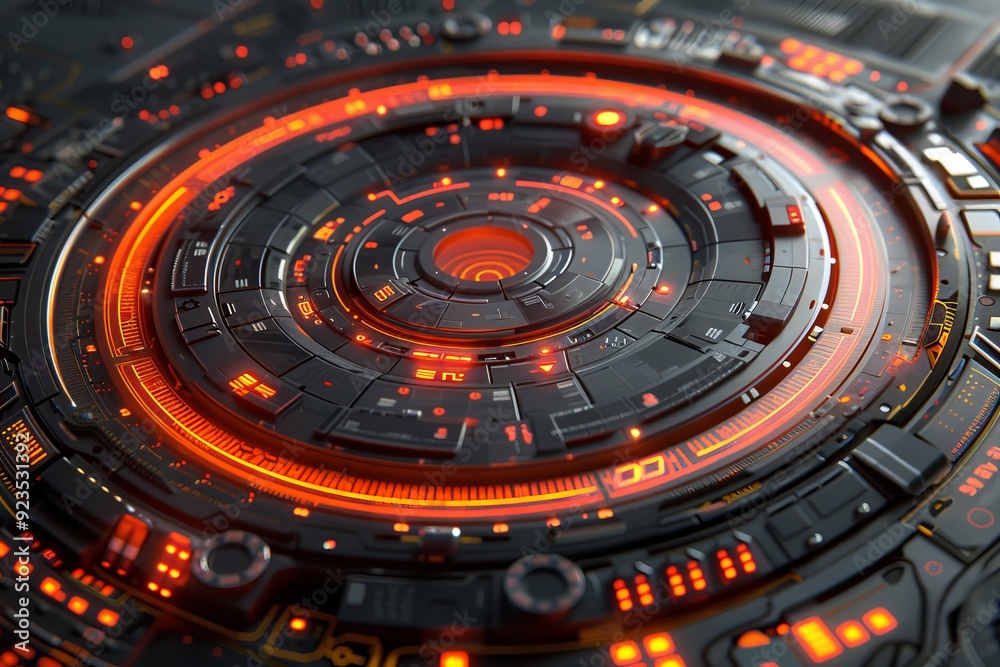 Futuristic Digital Circuit Design With Glowing Orange Elements in a Circular Pattern Futuristic Digital Circuit Design With Glowing Orange Elements in a Circular Pattern