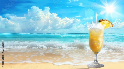 Fresh pineapple juice drink with fruit at sandy beach with blue sea and bright sun