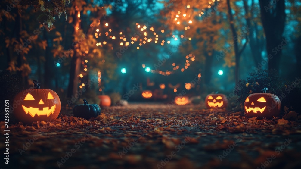 Enchanting Halloween Night with Glowing Jack-O'-Lanterns and Autumn Leaves in a Mystical Forest Setting Enchanting Halloween Night with Glowing Jack-O'-Lanterns and Autumn Leaves in a Mystical Forest Setting