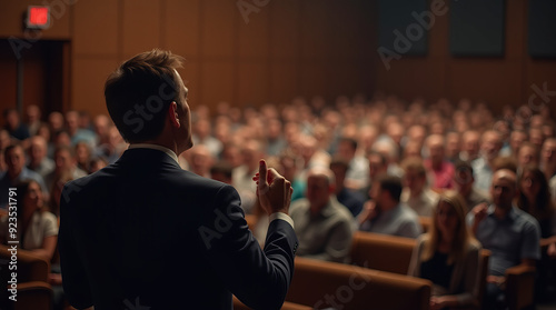 Influential Speaker Addressing Packed Auditorium: Captivating Presenter Engaging Large Audience at Corporate Event