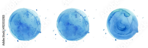 Set Abstract Circle Texture Blue Watercolor Stain On White Background
