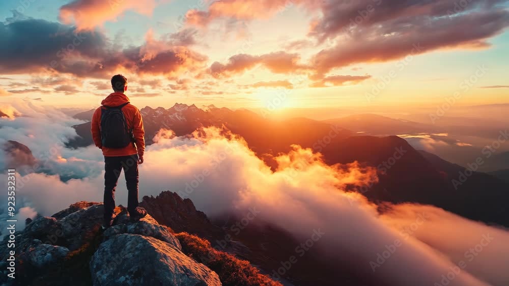 Adventurer standing on mountain peak overlooking majestic landscape with dramatic clouds and golden sunset Adventurer standing on mountain peak overlooking majestic landscape with dramatic clouds and golden sunset